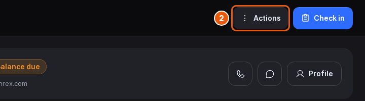 Top right of a reservation with the Actions button marked next to Check in