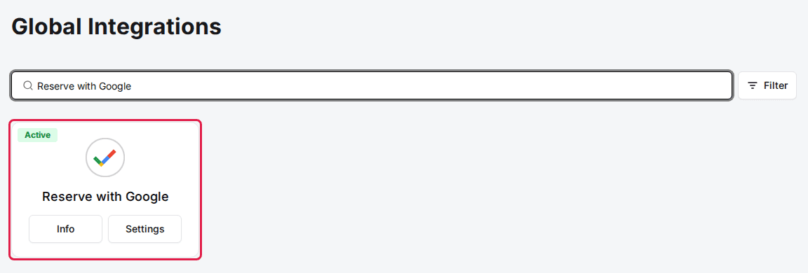 Global Integrations page filtered to Reserve with Google, with the card highlighted