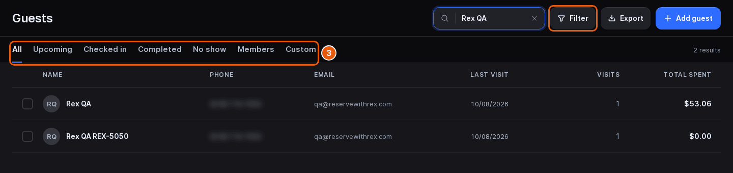 Tabs All, Upcoming, Checked in, Completed, No show, Members and Custom marked under the Guests header, with the Filter button outlined