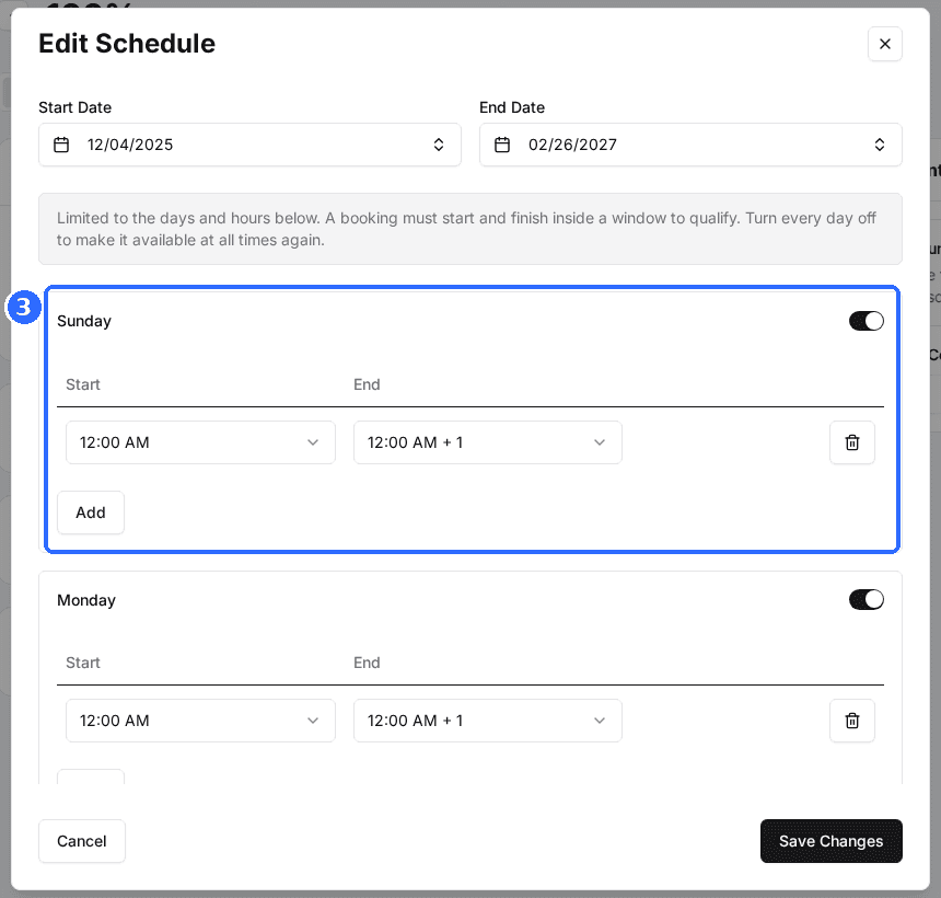 The Edit Schedule window with Sunday turned on and one window from 12:00 AM to 12:00 AM + 1, the trash icon and the Add button