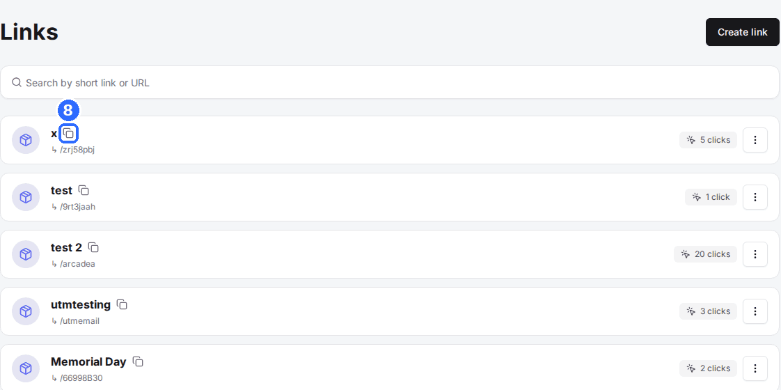 The Links list with the copy icon next to a link's name highlighted