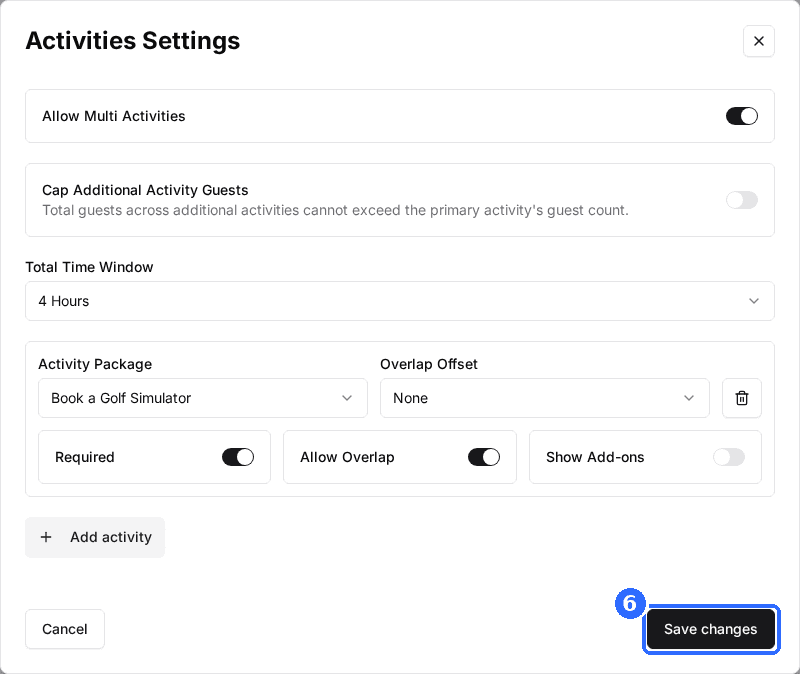 The Activities Settings window with the activity rows filled in and the Save changes button marked (6).