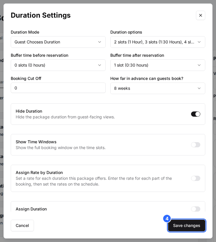 The Duration Settings window with Hide Duration switched on and the Save changes button marked