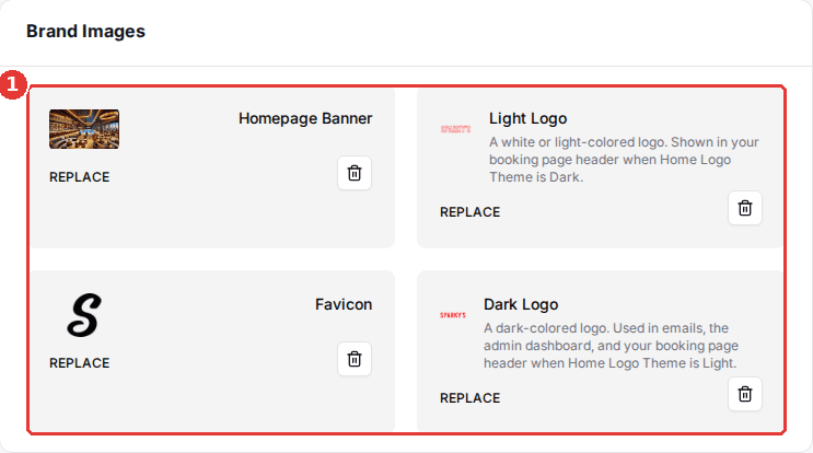 The Brand Images card with four tiles: Homepage Banner, Light Logo, Favicon and Dark Logo, each with a REPLACE label and a trash icon