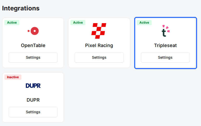 The Integrations section at the bottom of a package page with the OpenTable, Pixel Racing, Tripleseat and DUPR cards, Tripleseat highlighted