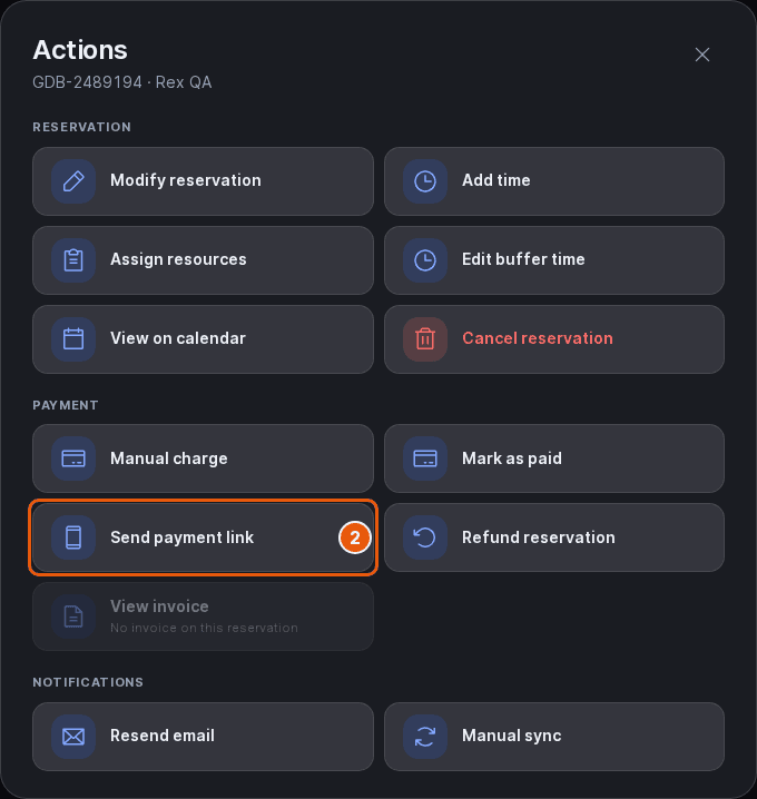 Actions sheet with Send payment link marked in the Payment group