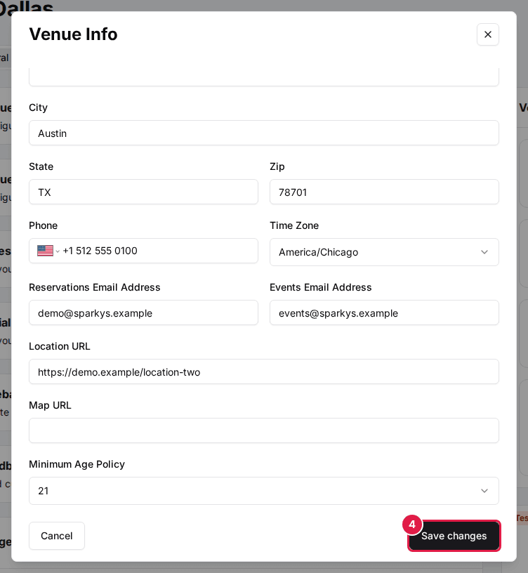 The bottom of the clone's Venue Info form with the Save changes button (4)