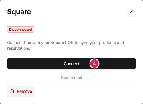 The Square window showing Disconnected, with the Connect button (4)