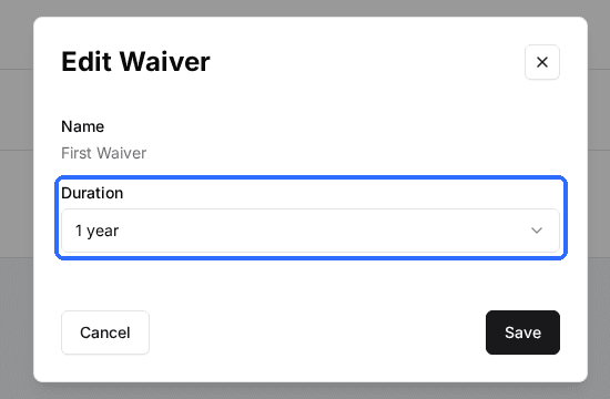 The Edit Waiver window opened from the pencil icon on the Waivers page, with the template name and the Duration dropdown set to 1 year