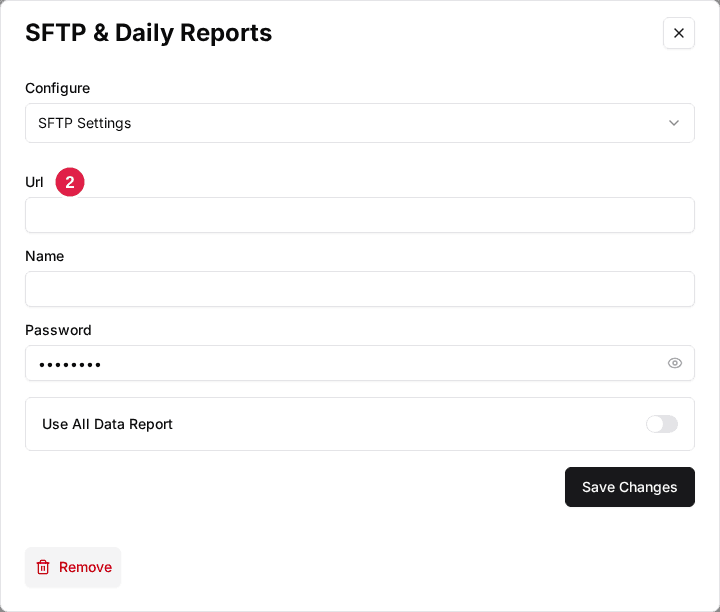 SFTP & Daily Reports window with Configure set to SFTP Settings: Url, Name, Password and Use All Data Report (2)