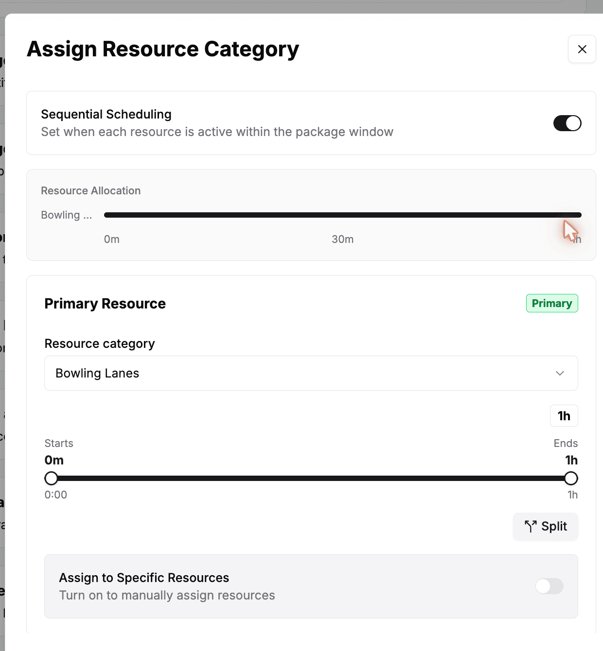 The Assign Resource Category dialog with Sequential Scheduling turned on, showing the Resource Allocation timeline and a resource's active time window