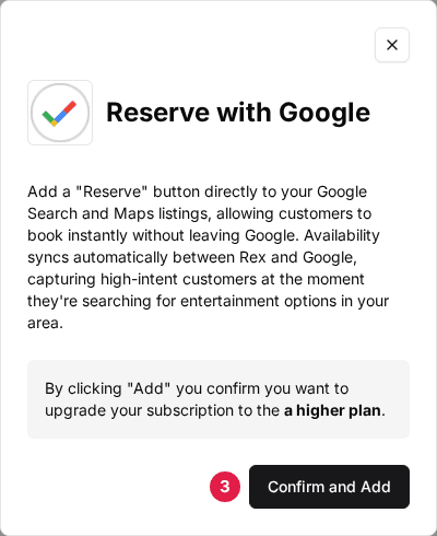 The Reserve with Google add dialog with the Confirm and Add button marked (3)