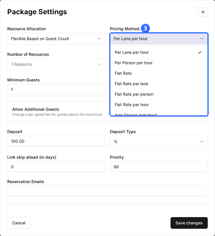 The Package Settings window with the Pricing Method dropdown open, listing Per Lane per hour, Per Person per hour, Flat Rate, Flat Rate per lane, Flat Rate per person, Flat Rate per hour and, further down, the Age Groups methods.