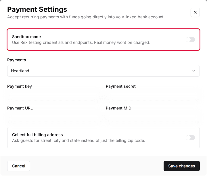 Payment Settings window with Heartland selected and the Sandbox mode switch highlighted; credential fields blurred