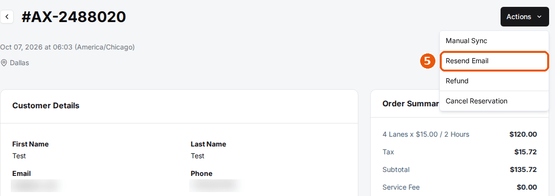 A reservation's details page in the admin dashboard with the Actions menu open, listing Manual Sync, Resend Email, Refund and Cancel Reservation, with Resend Email highlighted