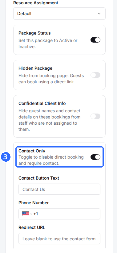 The Package Controls card with the Contact Only toggle switched on and the Contact Button Text, Phone Number and Redirect URL fields below it.