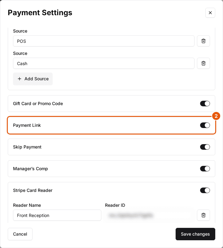 Payment Settings dialog with the Payment Link switch marked under Payment Options