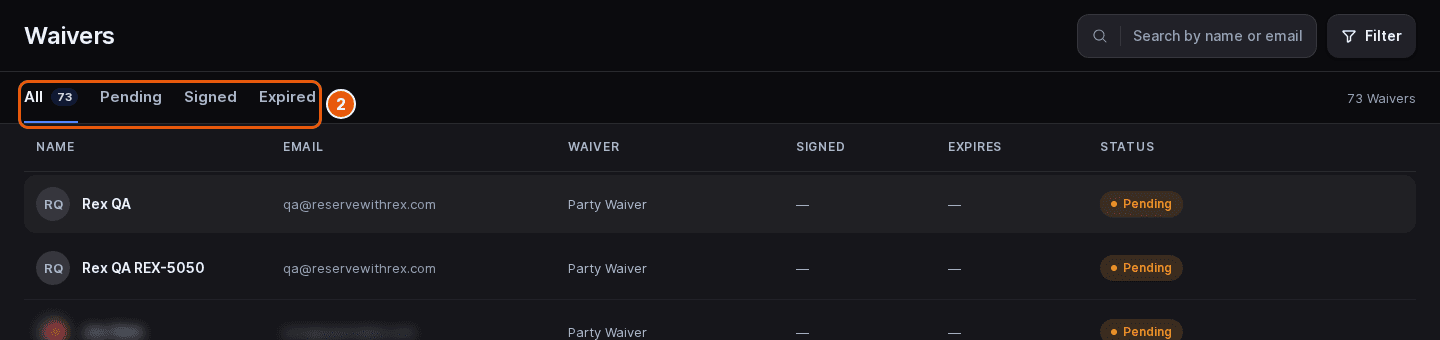 Waivers page with the All, Pending, Signed and Expired tabs marked, All showing its count