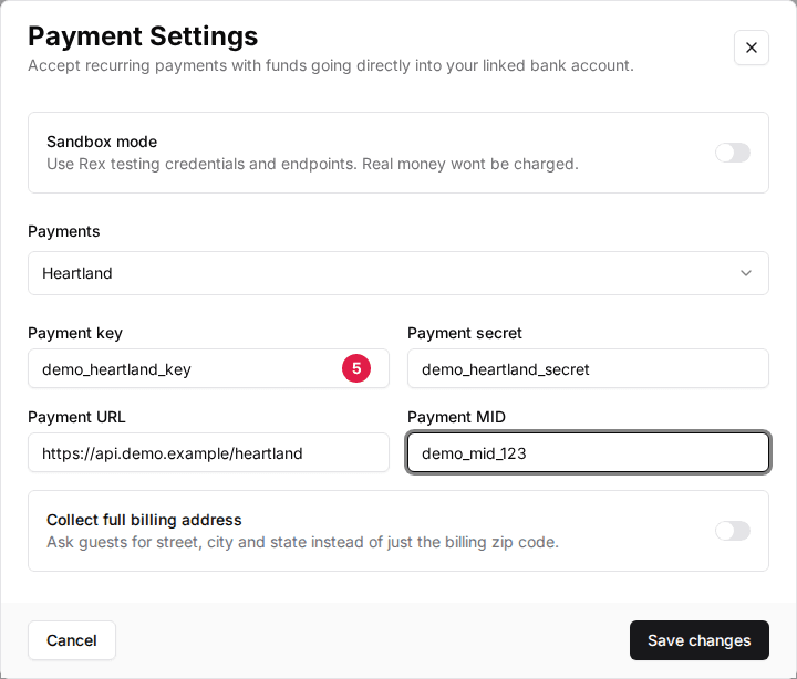 The Payment Settings window with Heartland selected and the Payment key (5), Payment secret, Payment URL and Payment MID fields filled in with placeholder values