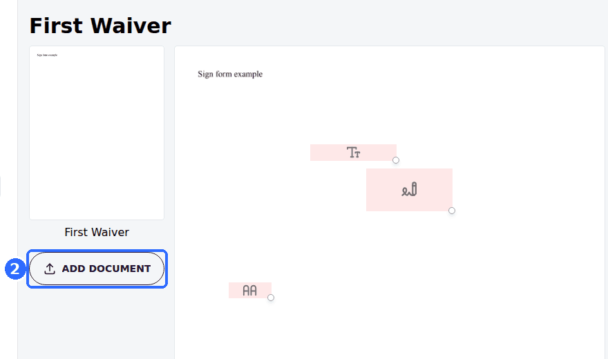 The left side of the waiver editor with the document thumbnail and the Add Document button