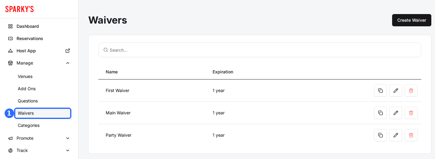 The Waivers page opened from Manage > Waivers in the sidebar, listing First Waiver, Main Waiver and Party Waiver with their Expiration of 1 year