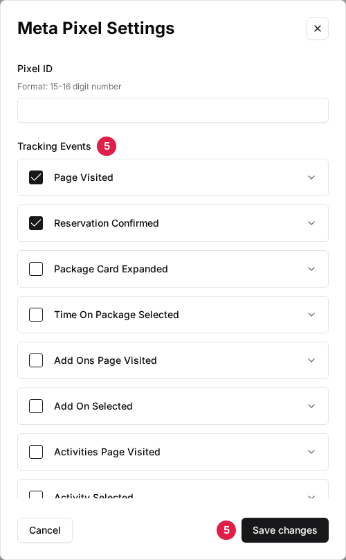 Meta Pixel Settings window with the Tracking Events checklist (5) and the Save changes button (5); two events ticked
