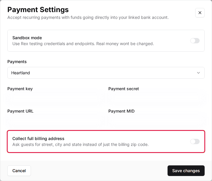 Payment Settings window with Heartland selected and the Collect full billing address switch highlighted; credential fields blurred