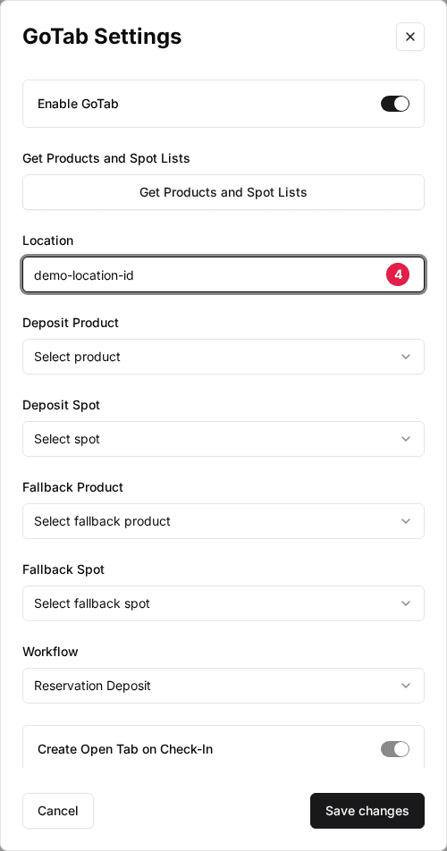 The GoTab Settings window with a Location ID entered in the Location field (4)