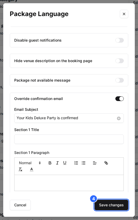 The Package Language window with Override confirmation email on, its Email Subject filled in and the Save changes button marked