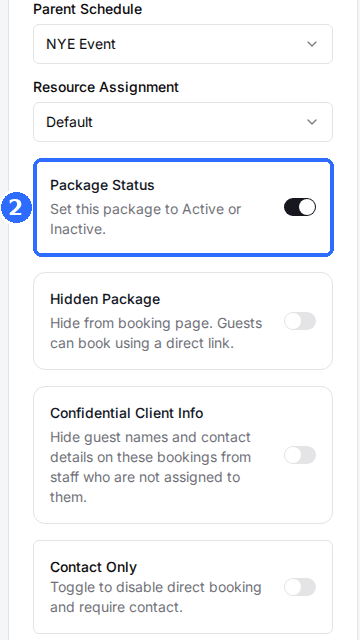The Package Controls card of the NYE Event package with Package Status switched on.