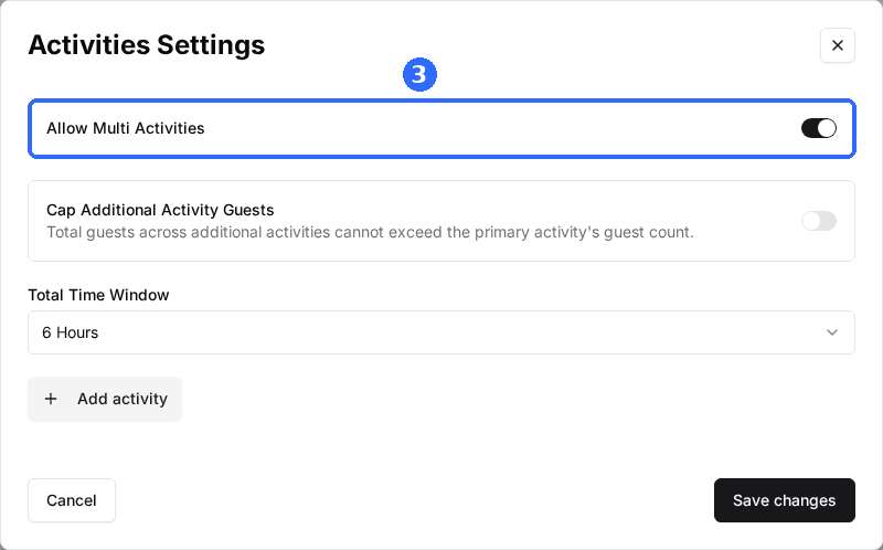 The Activities Settings window with the Allow Multi Activities toggle switched on.