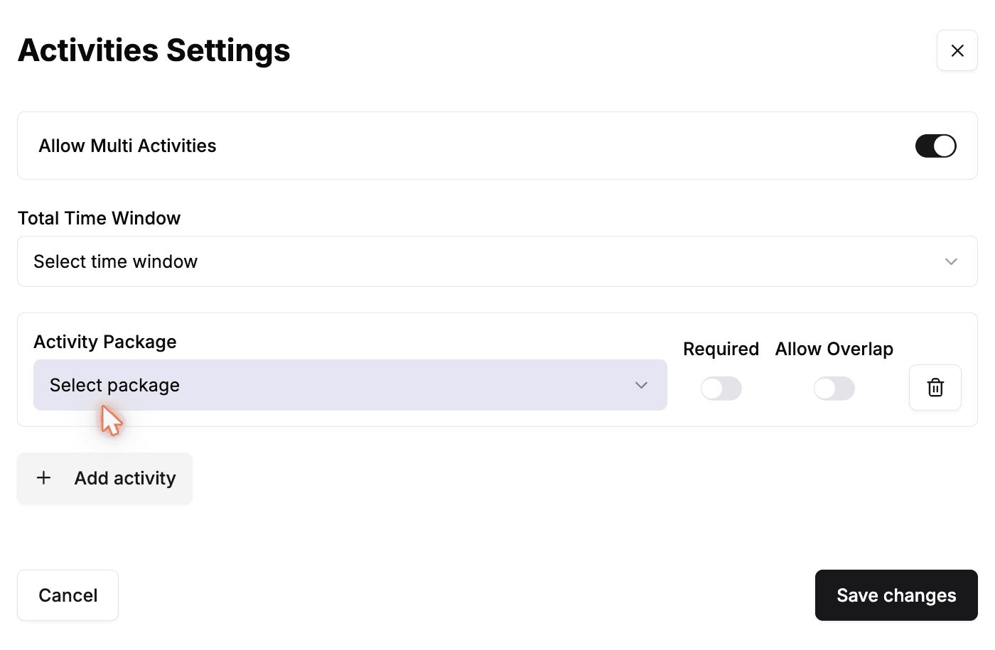 The Activities Settings window with the Allow Multi Activities toggle on, a Total Time Window dropdown, and an activity row showing Activity Package, Required, and Allow Overlap controls.