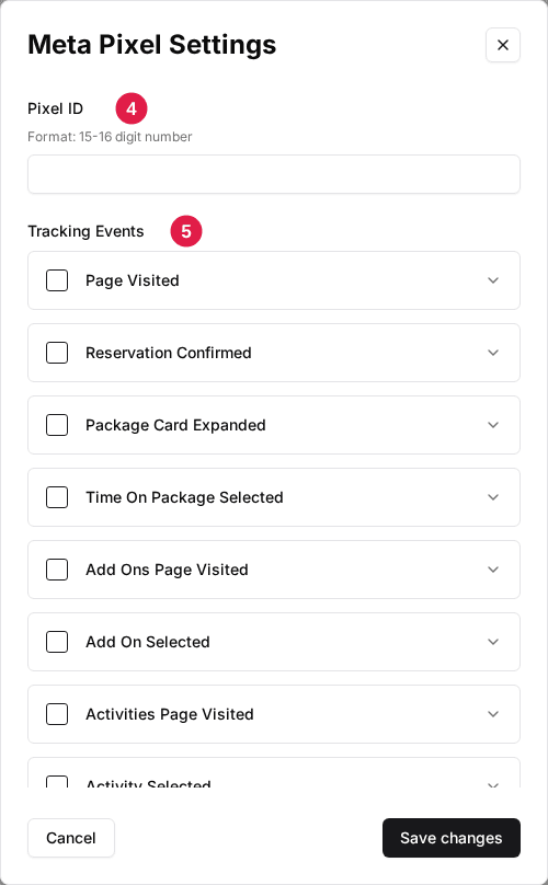 Meta Pixel Settings window with the Pixel ID field (4) and the Tracking Events checklist (5)