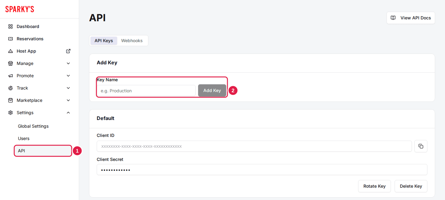 The API page under Settings, with the API item in the sidebar and the Add Key card's Key Name field and Add Key button highlighted
