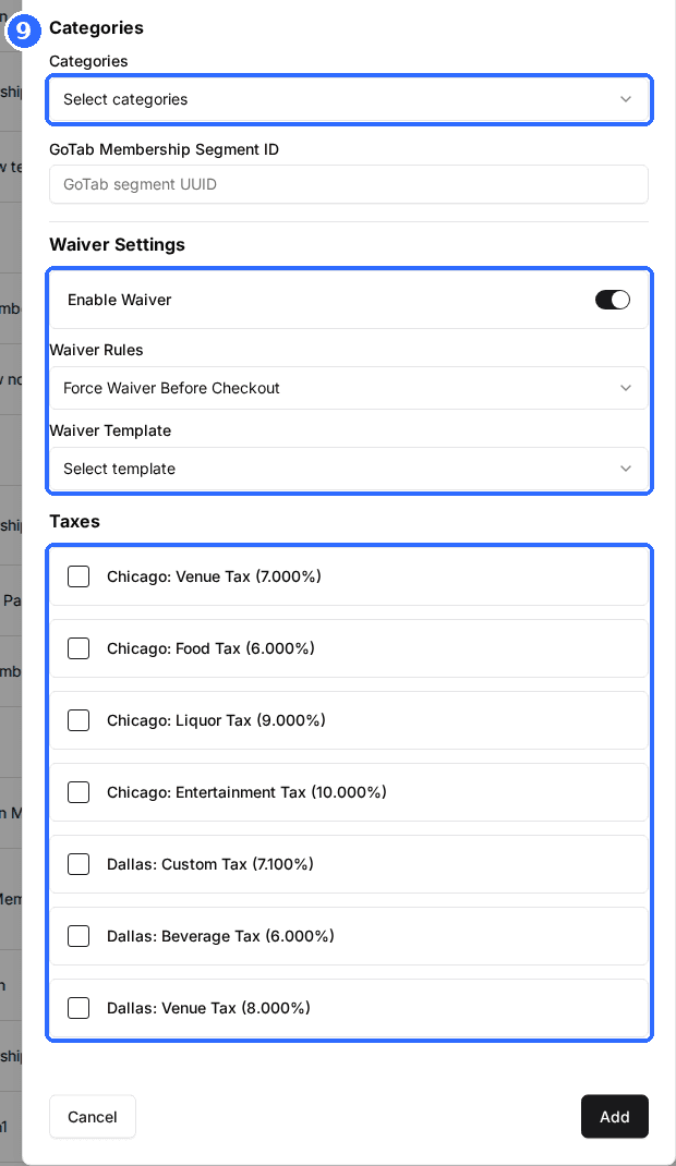 The bottom of the Create Plan window with Categories, Waiver Settings with Enable Waiver on, Waiver Rules and Waiver Template, the Taxes checkboxes and the Add button