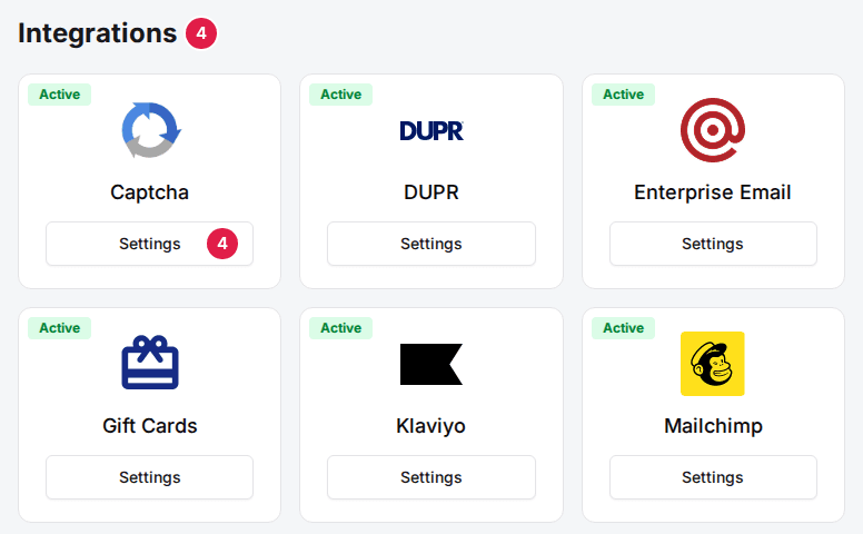 The Integrations section on a venue's General tab (4) with a card's Settings button marked (4)