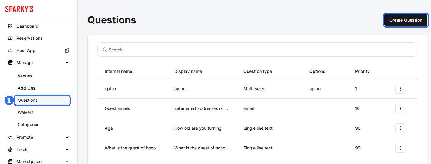 The Questions page opened from Manage > Questions in the sidebar, listing custom questions with Internal name, Display name, Question type, Options and Priority, and the Create Question button