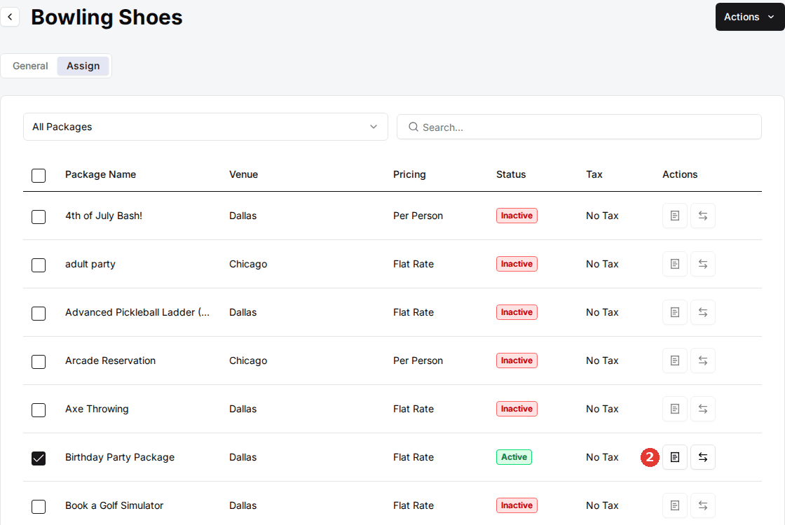 An add-on's Assign tab listing packages with a checked package and its Edit Taxes & Fees receipt icon in the Actions column