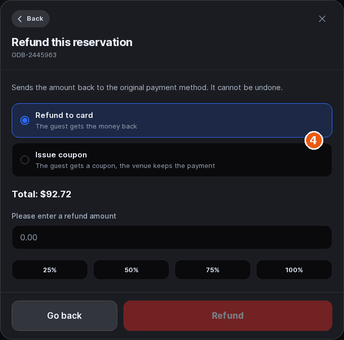 Refund this reservation sheet with Refund to card and Issue coupon options, the order total, the amount field and percentage shortcuts