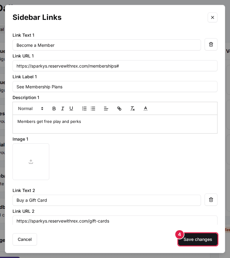 The Sidebar Links dialog with the Save changes button (4) at the bottom right