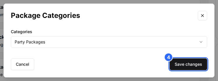 The Package Categories window with the Categories selector and the Save changes button marked