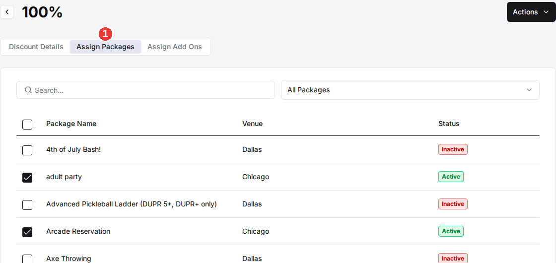 A discount's Assign Packages tab with the All Packages filter and a ticked package showing Active