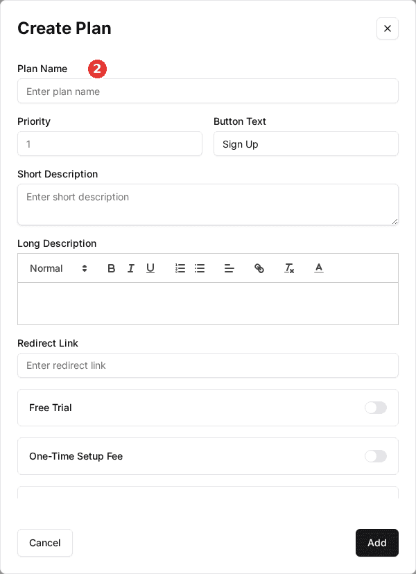 The Create Plan window with Plan Name, Priority, Button Text, Short Description, Long Description, Redirect Link and the Free Trial and One-Time Setup Fee toggles