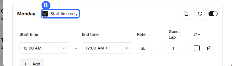 A weekday row in the Schedule window with Start time only ticked and one slot showing Start time, End time, Rate and Guest cap
