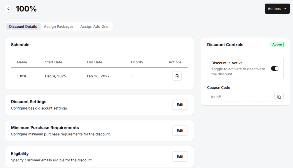 A discount's detail page on the Discount Details tab with the Schedule, Discount Settings, Minimum Purchase Requirements and Eligibility cards and the Discount Controls panel