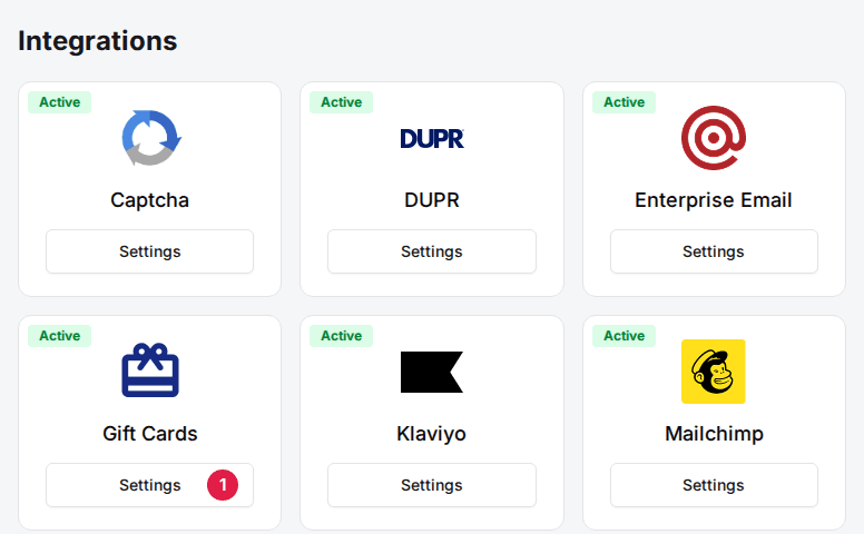 The Integrations section of the venue's General tab with the Gift Cards card's Settings button (1)