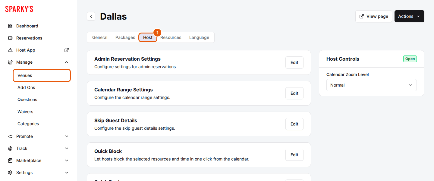 Dallas venue in the admin dashboard with Venues in the sidebar outlined and the Host tab marked