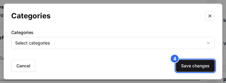 The membership plan's Categories window with the Categories selector and the Save changes button marked