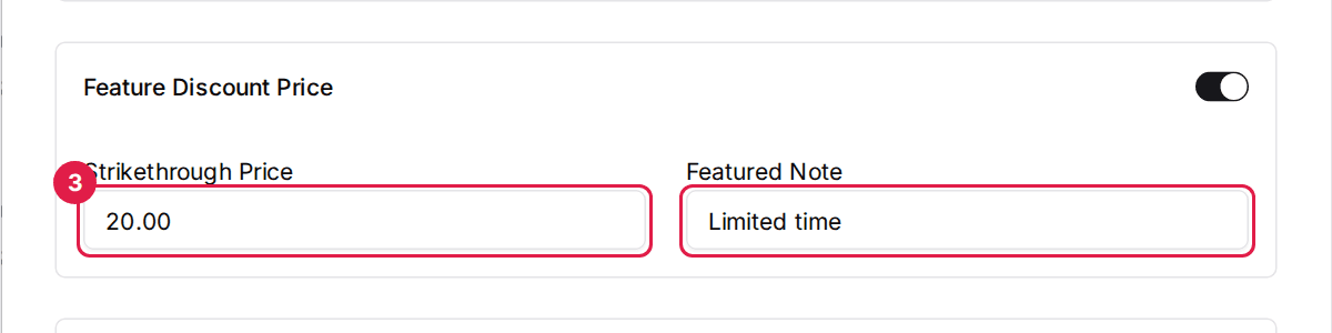 The Feature Discount Price section with Strikethrough Price set to 20.00 and Featured Note set to Limited time