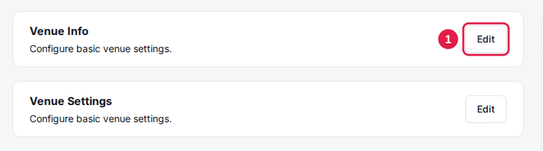 The Venue Info card on a venue's General tab with its Edit button outlined, above the Venue Settings card.